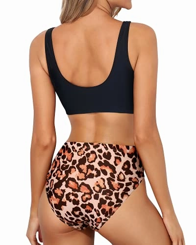 Women Scoop Neck Crop Top High Waisted Bathing Suit Bottoms-Black And Leopard