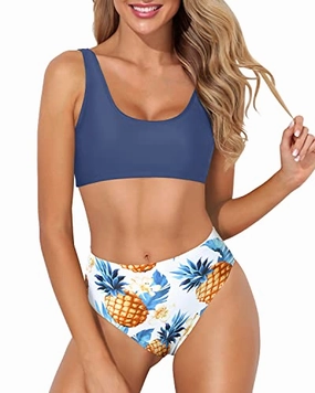 Women Two Piece Scoop Neck Bikini Crop Top High Cut Sporty Swimsuit