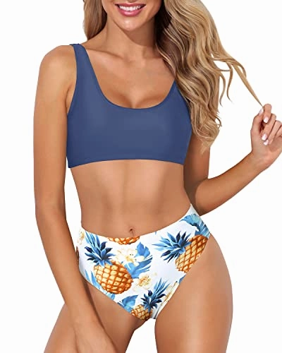 Women Two Piece Scoop Neck Bikini Crop Top High Cut Sporty Swimsuit