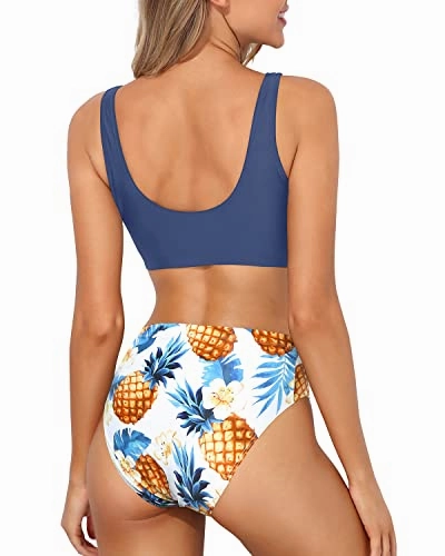 Women Two Piece Scoop Neck Bikini Crop Top High Cut Sporty Swimsuit