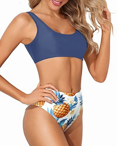 Women Two Piece Scoop Neck Bikini Crop Top High Cut Sporty Swimsuit