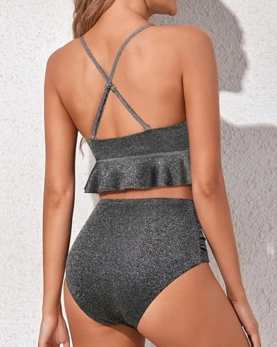 Women Two Piece Swimsuits High Waisted Bikini Set Ruffle Flounce Tummy Control Bottoms Bathing Suit