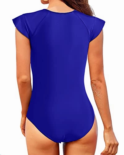 Zipper One Piece Rash Guard For Women Short Sleeves-Royal Blue